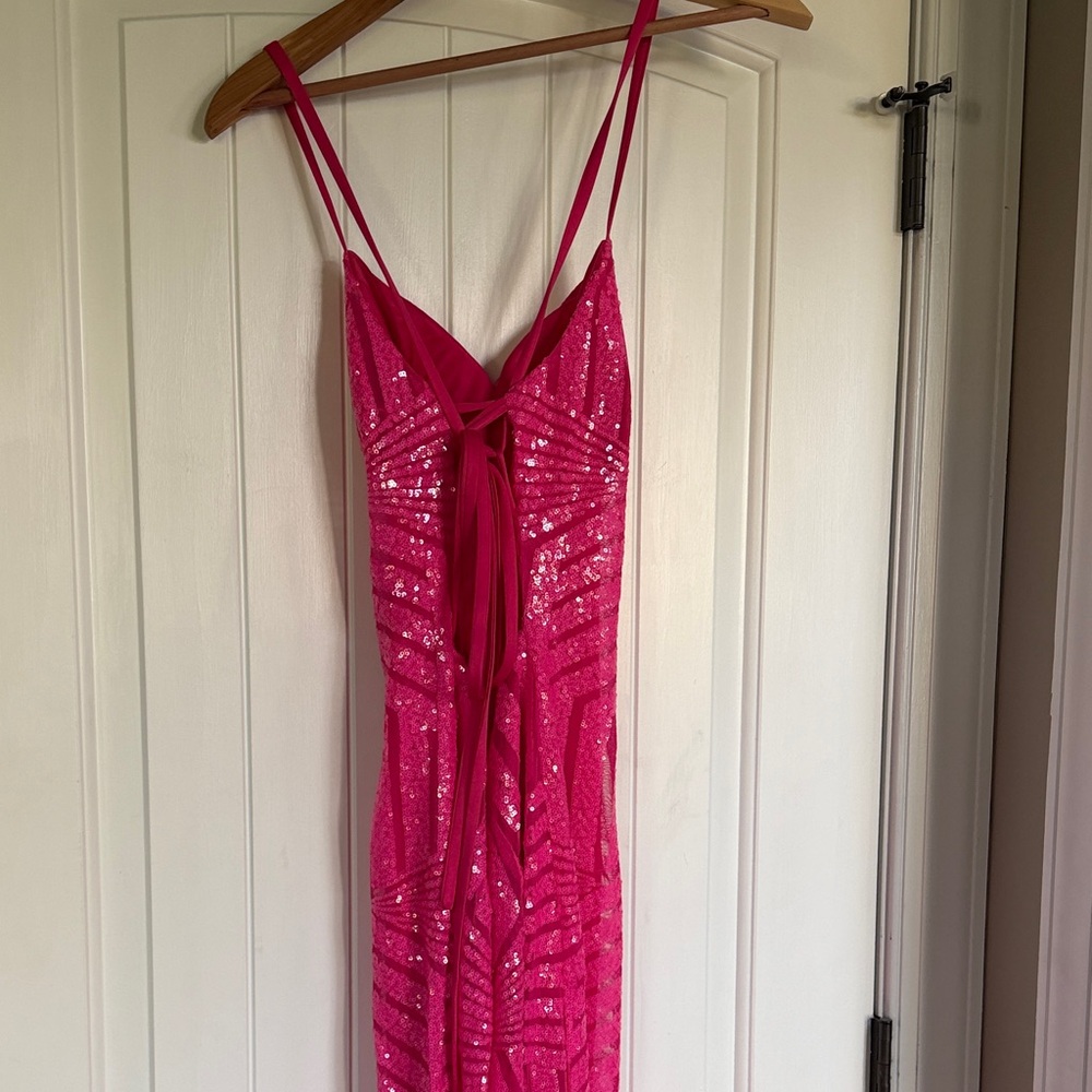 Hot Pink Sequin Spaghetti-Strap Evening Gown - Picture 6 of 8